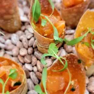Salmon Poke on Wonton Cones