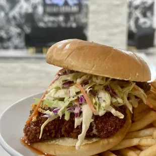 Sweet and Spicy chicken sandwich with slaw on a brioche bun!!!