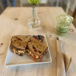 Curry chicken salad sandwich and Basil coconut smoothie