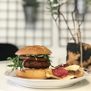 a burger and chips on a plate