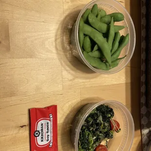 Tiny portions of edamame and kale goma-ae.