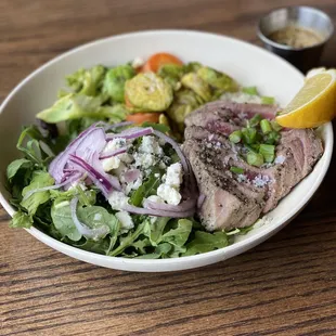 Protein bowl with Line-Caught Tuna, Arugula &amp; Blue Cheese Salad, and roasted vegetables