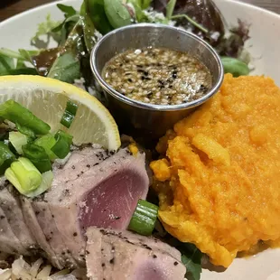 Line-Caught Tuna, mixed greens, sweet potato mash