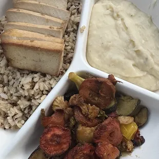 My tofu plate with the roasted veggies and the garlic mashed potatoes.