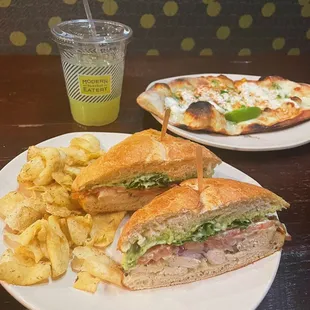 Basil Chicken Sandwich, Street Corn Pizza, Lemonade