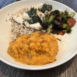 Cold undercooked chicken.  Some of the veggies burned.