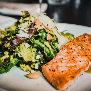 Charred Brussel Salad, Honey Dijon dressing, Grilled Salmon