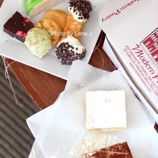 Cassatine Cake, Cannoli, Almond and Pistachio Macaroons, Rainbow Cookie, Tiramisu, Parigina Cake ($26 total)