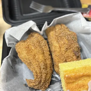 Fried catfish and cornbread.