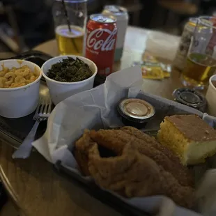 Fried Catfis, Southern Mac and Cheese, and Collard Greens
