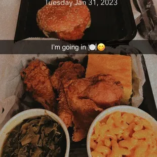3 piece, greens, Mac n cheese and cornbread