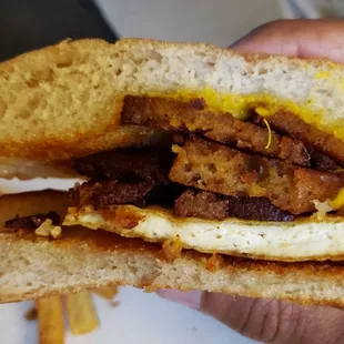 Interior of vegan tofu on a roll ($7+$3 for seitan). Good. Don't love the cashew sauce. Seitan was good.