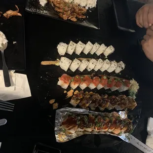 Chicken Teriyaki Entree, California Roll, Spicy Tuna Roll, Popper Roll, Lion King Roll