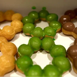 Lilikoi (Passion Fruit) Mochi Donut, Pandan Mochi Donut, milk chocolate mochi donut