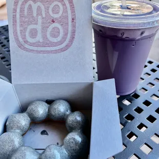Ube Soy Latte ($5.50) and Black Sesame Mochi Donut ($2.25)
