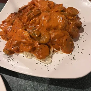 Chicken and Italian sausage dish.