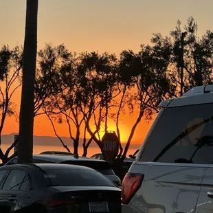 Sunset view through the parking lot.