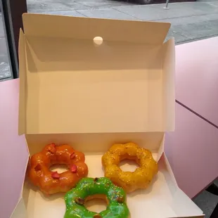 The strawberry pistachio and mango mochi Japanese donuts