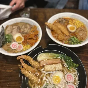 Top left: Chashu Ramen  Top right: Curry Ramen Bottom: shrimp Miso Ramen