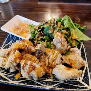 Chicken Karaage (new appetizer) comes with salad and a mayo/fish flakes dipping sauce.
