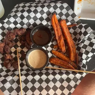 Steak cubes &amp; sweet potato fries (after several, savory bites!)