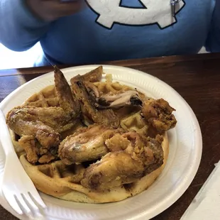 a plate of fried chicken and waffles