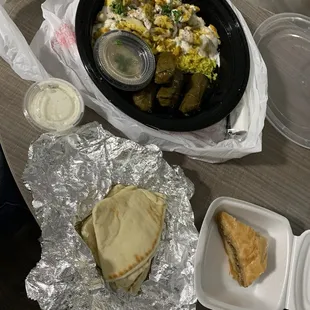 Dinner including baklava for dessert.