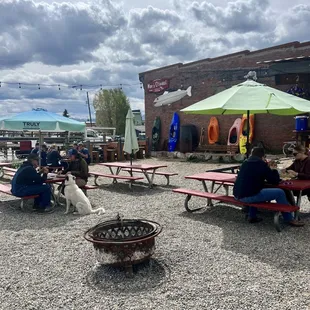 people sitting at picnic tables