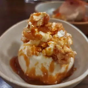 Smoked vanilla mascarpone gelato with spicy caramel popcorn