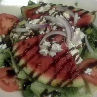Grilled Watermelon Salad with Goat Cheese and Balsamic Glaze.