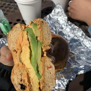 Spicy buff (no bacon) on a tomato cheddar bagel