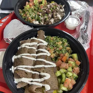 3. Beef Shawarma Plate (top) and 1. Gyro Plate (bottom)
