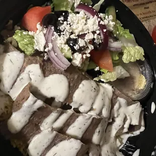 Gyro Meat, Greek Salad, Rice Underneath