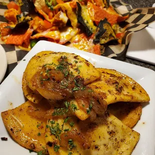 Pierogies,  Nachos in the background