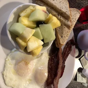 Moes breakfast. Two eggs, bacon, toast , sub fruit for potatoes