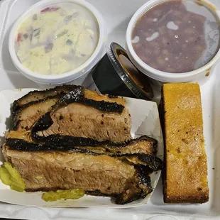 Brisket, baked beans, potatoe salad, and cornbread. AWESOME!