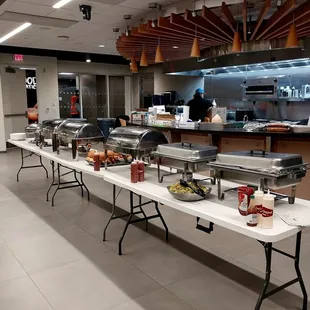 a long table with food on it