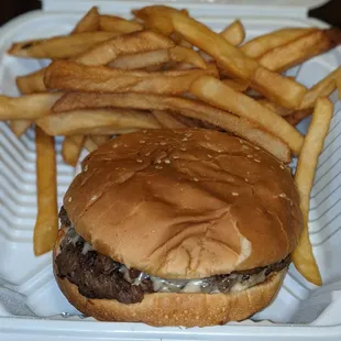 Swiss/mushroom burger with fries