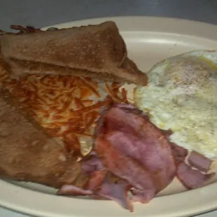 Eggs hashbrowns toast and side of ham for under $5