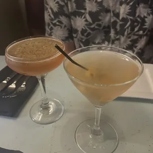 Classic Sidecar and Dirty Bird martini (dirty Grey Goode martini with Tabasco)