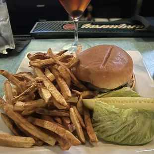 Cheeseburger and fries, Manhattan optional