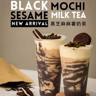 Black Mochi Sesame Milk Tea - Black sesame Mochi, tofu pudding, cheese foam on top with Oreo