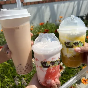 Bubble milk tea, strawberry swirl, mango swirl