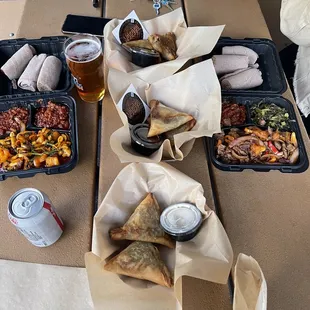 a table with food and drinks