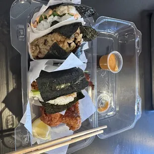 $14 combo with mentaiko origiri, shitaki dashi gohan origiri, buta origiri and chicken karage.