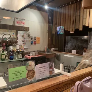 a view of a counter with a bag on it