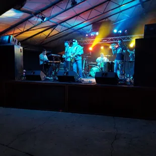 a band performing on a stage at night