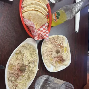 Pita, eggplant dip, hummus all fresh and a good amount