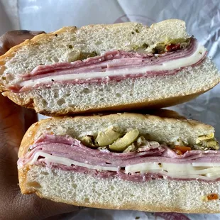 Inside the Central Grocery muffuletta sandwich