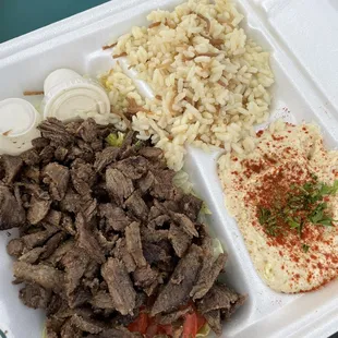 Beef Shawerma, Rice Pilaf, Hamous